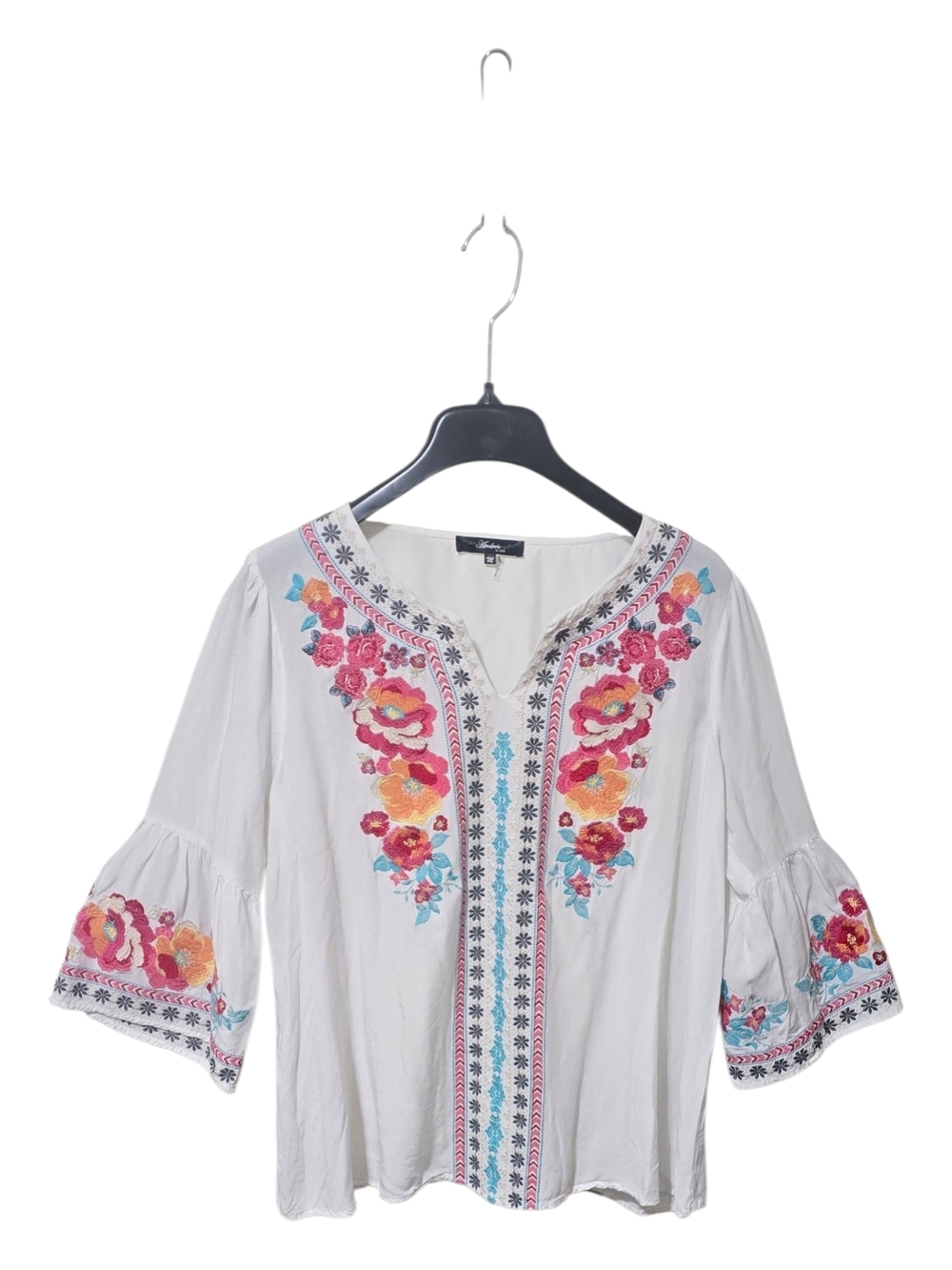 Andrée by Unit Boho Peasant Top White Sheer Embroidered Bell Sleeve M Travel